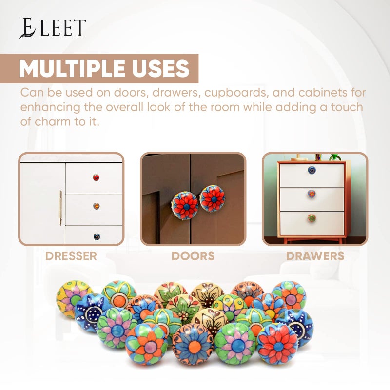 Eleet Assorted Ceramic Cabinet Knobs - Vintage Cabinet Cupboard Door & Drawer Pulls Chrome Hardware (Ceramic Knobs Set of 20, Multicolor) - Image 5